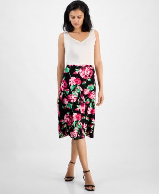 Kasper - Women's Floral Flared Pull-On Midi Skirt
