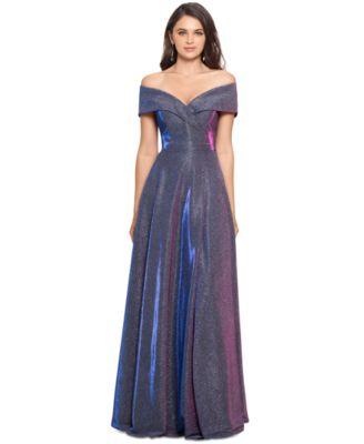 XSCAPE - Off-The-Shoulder Shimmer Wrap Gown