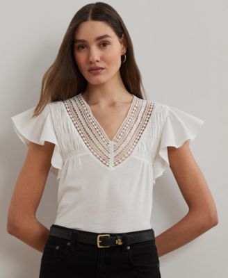 Lauren Ralph Lauren - Women's Lace-Trim Jersey Flutter-Sleeve Tee