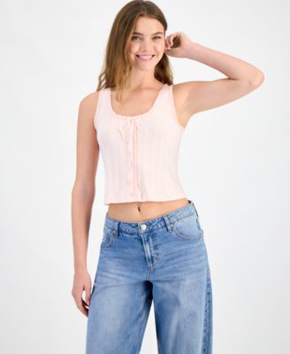 And Now This - Women's Pointelle Cropped Lace-Trim Top