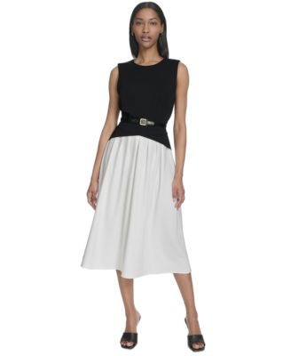 Halston - Women's Sleeveless Split-Color Flared Midi Dress