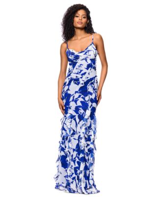 Betsy & Adam - Women's Cowlneck Button-Trim Ruffled Gown