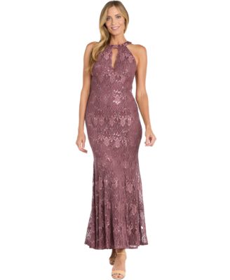 R & M Richards - Women's Sequin Lace Keyhole Halter Gown