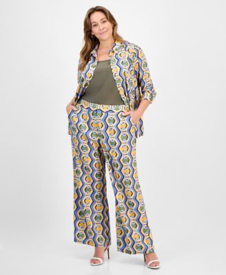Tahari ASL - Plus Size Printed Mid Rise Wide-Leg Pants