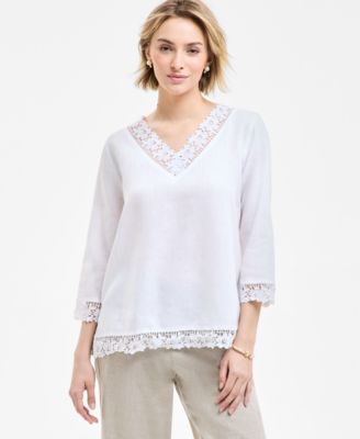 Charter Club - Women's Linen Lace-Edge 3/4-Sleeve Top