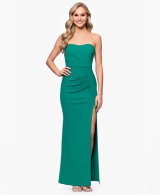 Blondie Nites - Juniors' Strapless Ruched Side-Slit Gown
