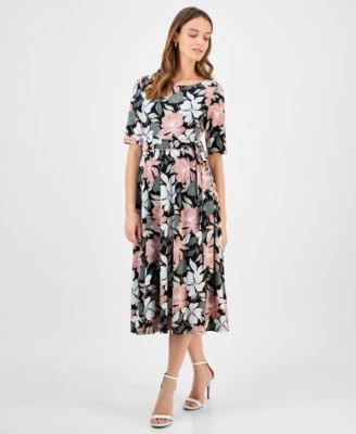 Kasper - Women's Printed Elbow-Sleeve Midi Dress