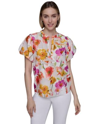 KARL LAGERFELD PARIS - Women's Floral-Print Flutter-Sleeve Blouse