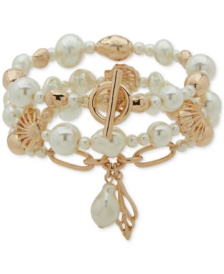 Anne Klein - Gold-Tone Imitation Pearl Shell-Motif Triple-Row Stretch Bracelet