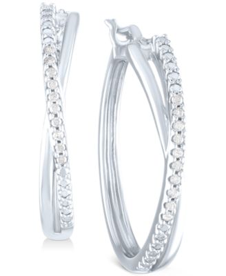 Macy's - Diamond Small Crossover Hoop Earrings (1/10 ct. t.w.) in Sterling Silver, 0.95"