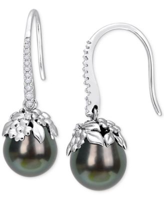 Macy's - Cultured Tahitian Pearl (9-10mm) & Diamond (1/8 ct. t.w.) Drop Earrings in 14k White Gold