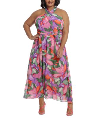 London Times - Plus Size Crisscross Wrap-Neck Halter Maxi Dress