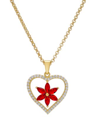 Macy's - Lab-Grown Ruby (1-1/5 ct. t.w.) & Lab-Grown White Sapphire (3/8 ct. t.w.) Flower Heart 18" Pendant Necklace in 14k Gold-Plated Sterling Silver
