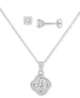 Giani Bernini - 2-Pc. Set Cubic Zirconia Love Knot Pendant Necklace & Solitaire Stud Earrings in Sterling Silver