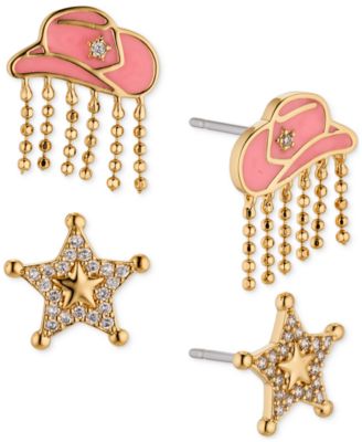 AJOA - Silver-Tone 2-Pc. Set Pav&eacute; Cowboy Hat & Sheriff Star Stud Earrings
