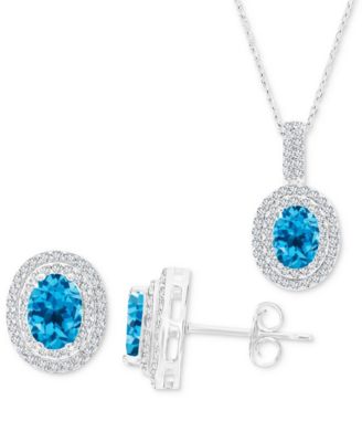 Macy's - 2-Pc. Set Swiss Blue Topaz (3-1/2 ct. t.w.) & Lab-Grown White Sapphire (1-1/10 ct. t.w.) Oval Halo Pendant Necklace & Matching Stud Earrings in Sterling Silver