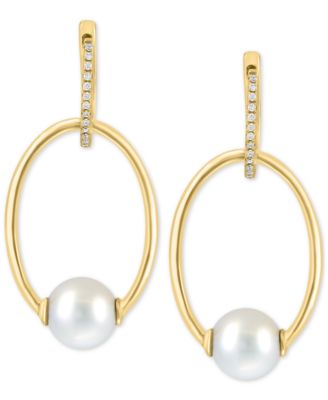 EFFY Collection - Cultured Freshwater Pearl (7mm) & Diamond (1/10 ct. t.w.) Doorknocker Drop Earrings in 14k Gold