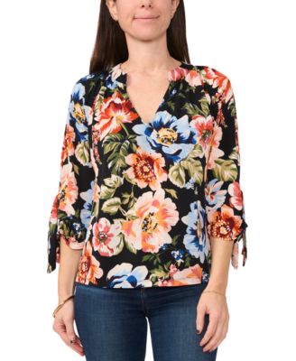 Sam & Jess - Petite Printed V-Neck 3/4-Tie-Sleeve Top