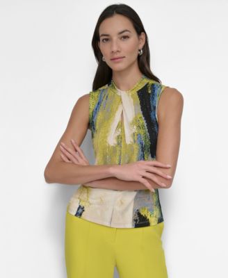 DKNY - Petite Printed Twisted Crewneck Keyhole Sleeveless Top