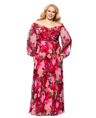 XSCAPE - Plus Size Floral Off-The-Shoulder Pleated Gown