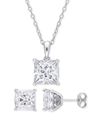 Macy's - 2-Pc. Set Moissanite (9 ct. t.w.) Princess Stud Earrings & Pendant 18" Necklace in Sterling Silver