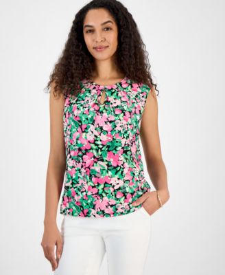 Kasper - Women's Box-Pleat Keyhole Floral Top, Regular & Petite Sizes