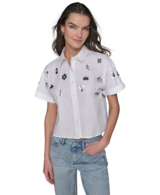 KARL LAGERFELD PARIS - Women's Embellished Cotton Cropped Shirt