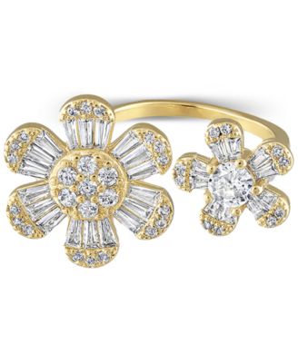 BEN ONI - 18k Gold Over Copper Cubic Zirconia Flower Adjustable Ring