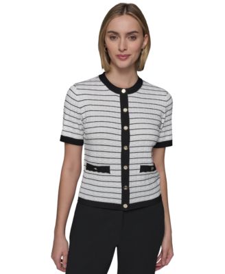 KARL LAGERFELD PARIS - Women's Striped Short-Sleeve Cardigan