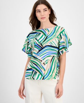 Anne Klein - Petite Printed Flutter-Sleeve Top