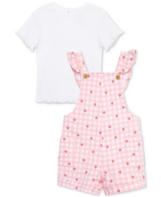 Little Me - Baby Girls 2-Pc. T-Shirt & Strawberry Check Shortall Set