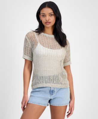 Bar III - Women's Short-Sleeve Metallic Crochet Sweater