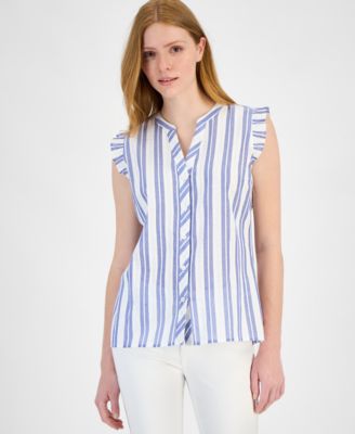 Tommy Hilfiger - Women's Cotton Textured-Stripe Ruffled Shirt