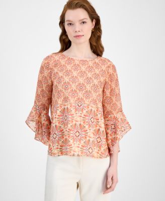 Kasper - Women's Printed Boat-Neck Ruffle-Sleeve Blouse