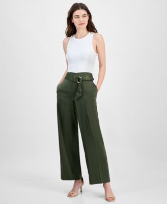 Anne Klein - Women's Pull On High Rise Belted Wide Leg Satin Pants