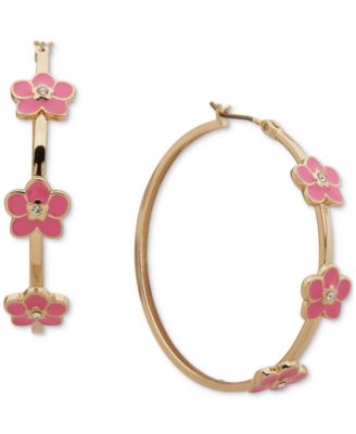 KARL LAGERFELD PARIS - Gold-Tone Enamel & Crystal Flower Medium Hoop Earrings, 1.6"