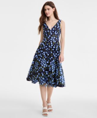 Eliza J - Women's Floral-Print Mesh V-Neck Midi Dress