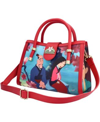 Loungefly - Women's Red Mulan Lotus Flower Frame Crossbody Bag with Buckle Closure