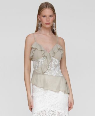 Avec Les Filles - Women's Ruffle Lace-Panel Asymmetric Top
