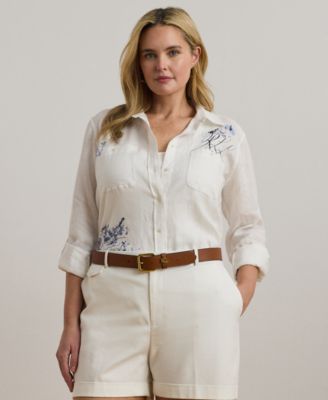 Lauren Ralph Lauren - Plus Size Relaxed-Fit Print Roll-Tab Sleeve Shirt