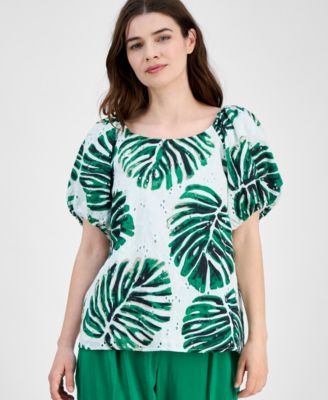 Anne Klein - Women's Cotton Eyelet-Embroidered Leaf-Print Top