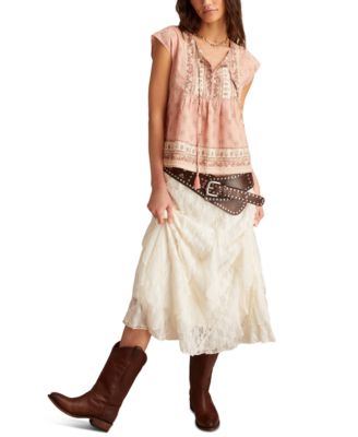 Lucky Brand - Women's Cotton Mixed-Print Peasant Blouse