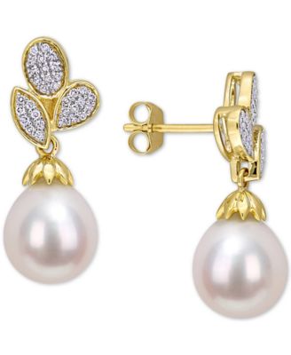 Macy's - Cultured Freshwater Pearl (9mm) & Diamond (1/5 ct. t.w.) Drop Earrings in 10k Gold