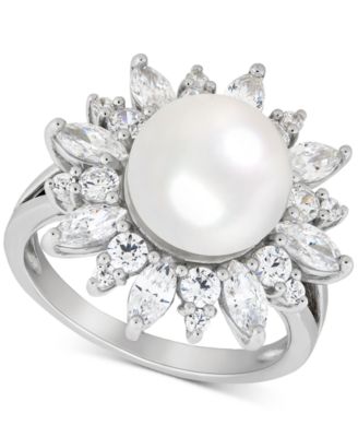 Arabella - Cultured Freshwater Pearl (10mm) & Cubic Zirconia Flower Ring in Sterling Silver