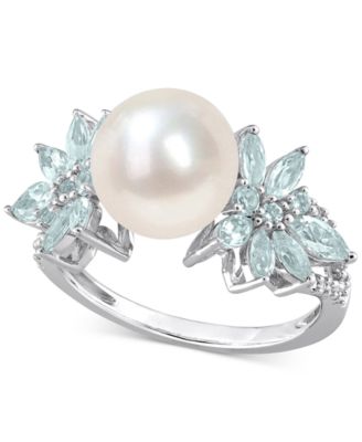 Macy's - Cultured Freshwater Pearl (9mm), Aquamarine (1-1/5 ct. t.w.), & Diamond (1/8 ct. t.w.) in 14k White Gold (Also in Pink Sapphire & Blue Sapphire)