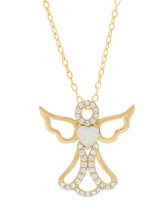 Macy's - Lab-grown Opal (1/6 ct. t.w.) & Cubic Zirconia Heart Angel 18" Pendant Necklace in 14k Gold-Plated Sterling Silver