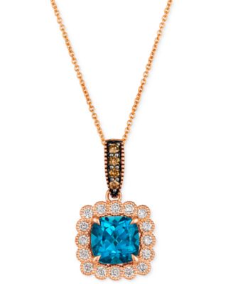 Le Vian - Deep Sea Blue Topaz (2-1/2 ct. t.w.), Nude Diamonds (3/8 ct. t.w.) & Chocolate Diamonds (1/10 ct. t.w.) Cushion Halo Pendant Necklace in 14k Rose Gold, 18" + 2" extender