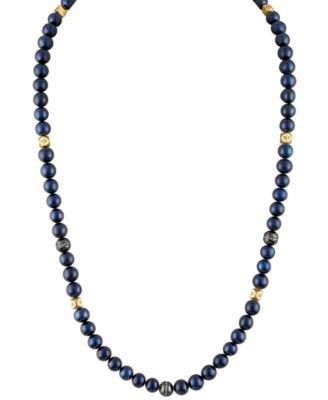Bulova - Men's Marine Star Blue Pearl (8mm) & Diamond (1/4 ct. t.w.) Beaded 22" Necklace in 14k Gold-Plated Sterling Silver