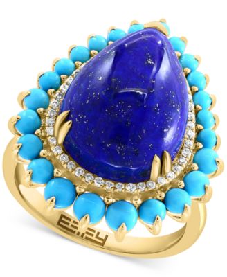EFFY Collection - Lapis Lazuli, Turquoise, & Diamond (1/6 ct. t.w.) Pear Halo Ring in 14k Gold