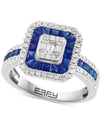 EFFY Collection - Sapphire (1-1/20 ct. t.w.) & Diamond (1/2 ct. t.w.) Halo Cluster Ring in 14k White Gold